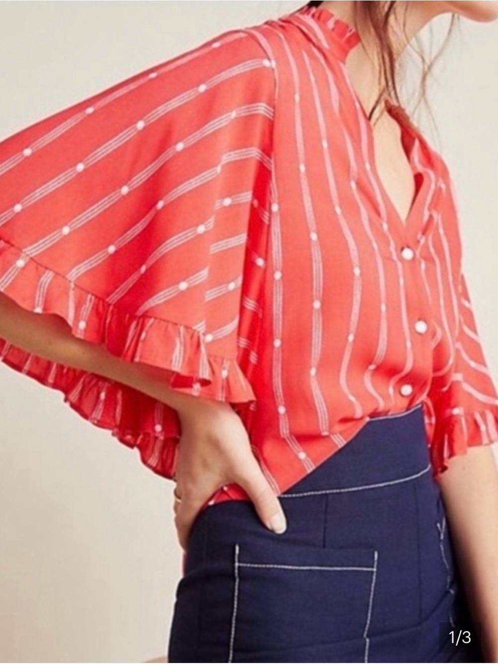 Maeve Anthropologie Red Stripe Ruffle-Sleeve Blouse